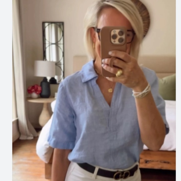 JCREW WOMENS BUNGALOW 100% LINEN SHORT SLEEVE POPOVER COLLARED SHIRT TOP SMALL - Picture 1 of 5